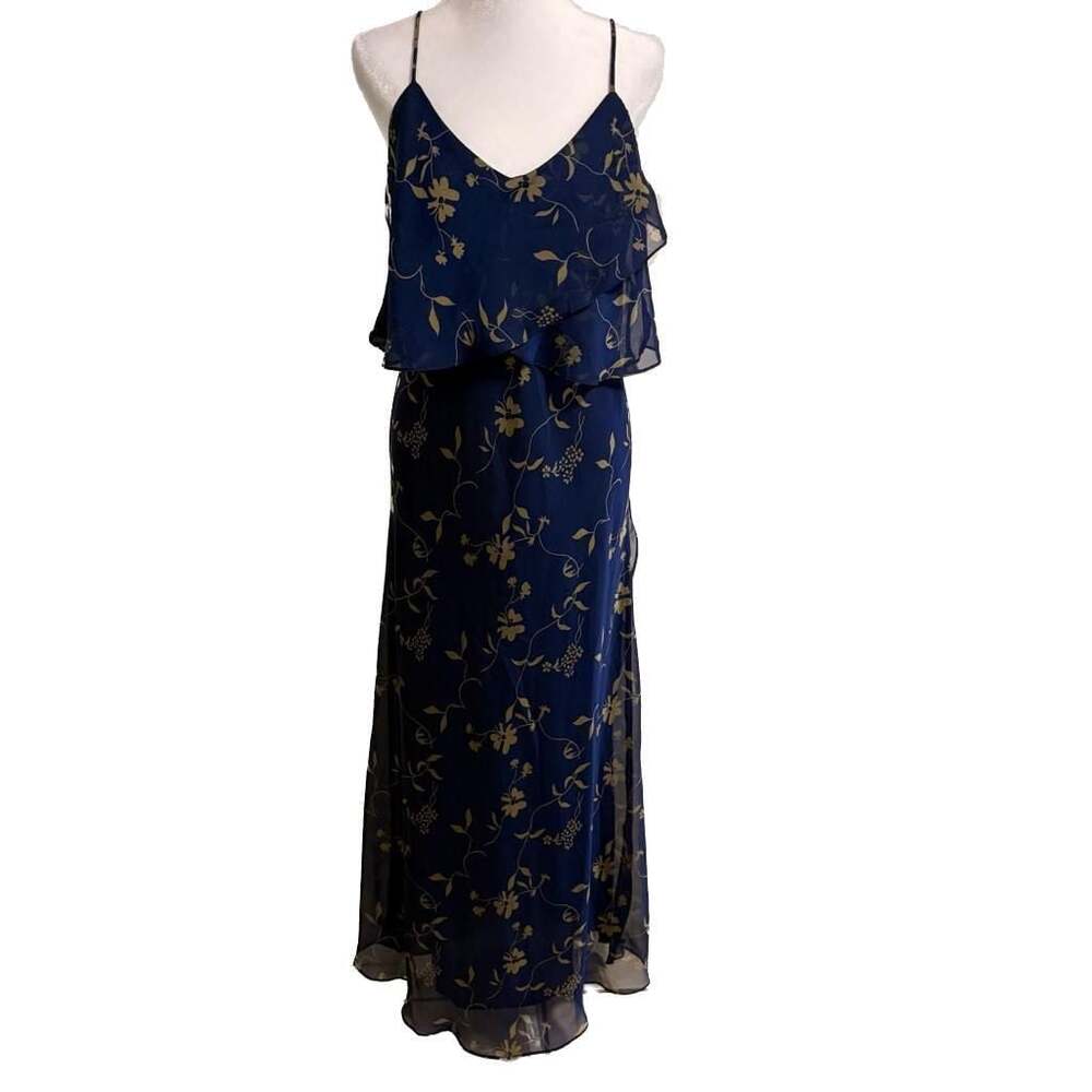 Blue Floral Chiffon Maxi Dress Open Back Ruffle Overlay Boho Cottagecore Fairy